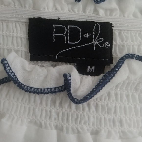 RD KOKO White Eyelet and Blue Embroidered 3/4 Sleeve boho elastic neck blouse M - Picture 7 of 9